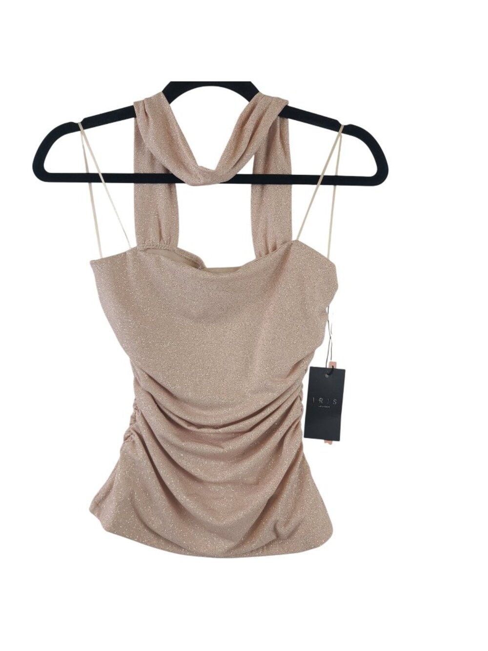 NEW Iris Los Angeles Beige Tan Glitter Ruched Halter Top Sz S
